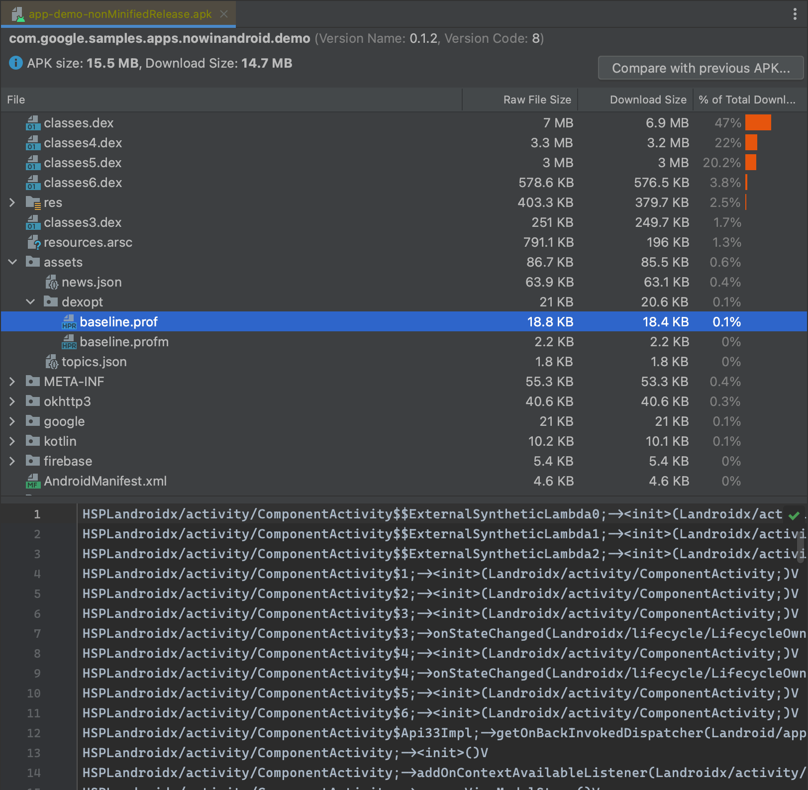 Check for a Baseline Profile using APK Analyzer in Android Studio