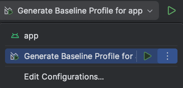 Configuración de ejecución de Generate Baseline Profile.