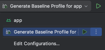 Configuration d&#39;exécution &quot;Generate Baseline Profile&quot; (Générer le profil de référence).