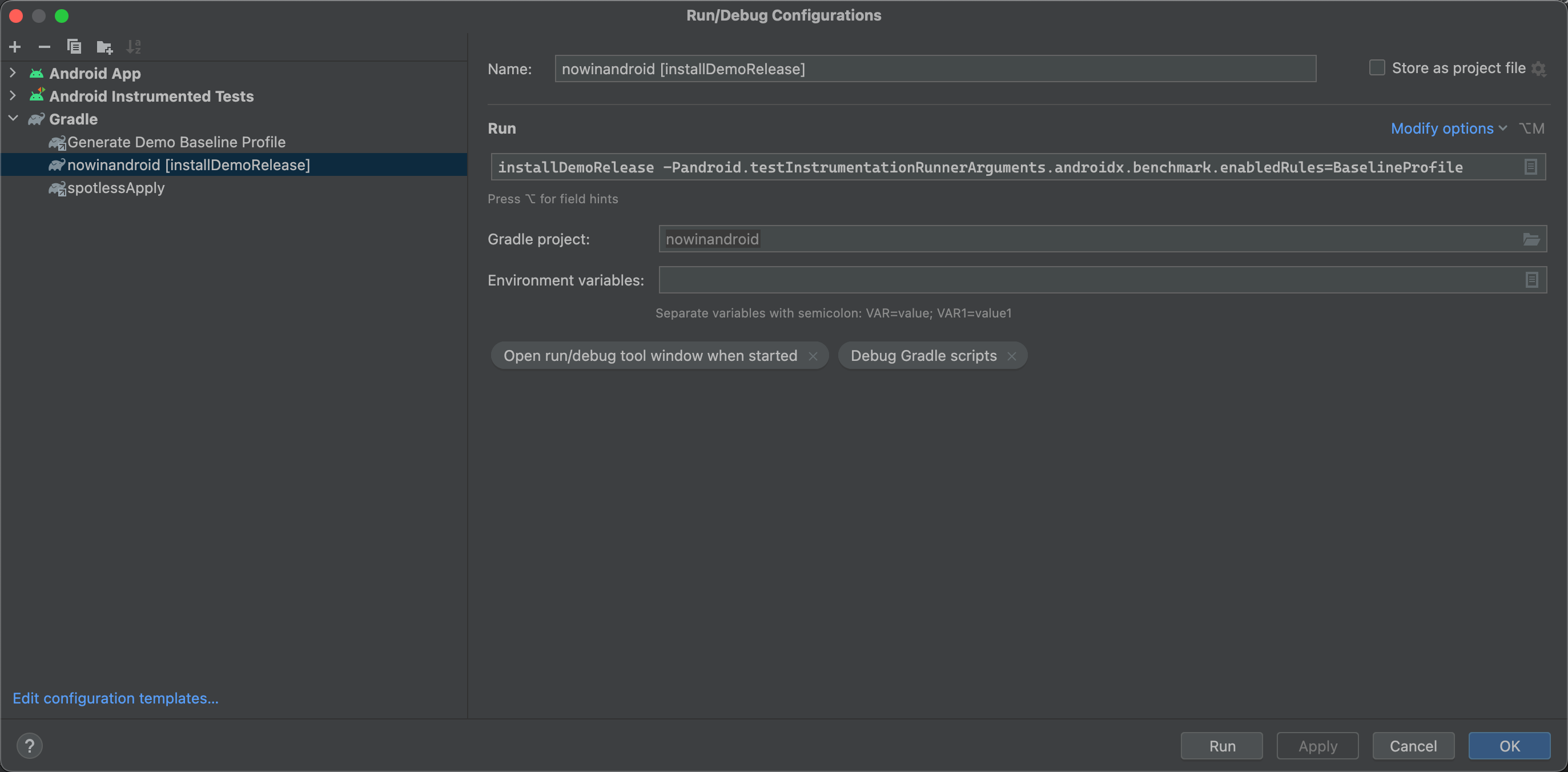 Se agregó una configuración de ejecución personalizada para crear perfiles de Baseline en Now in Android.