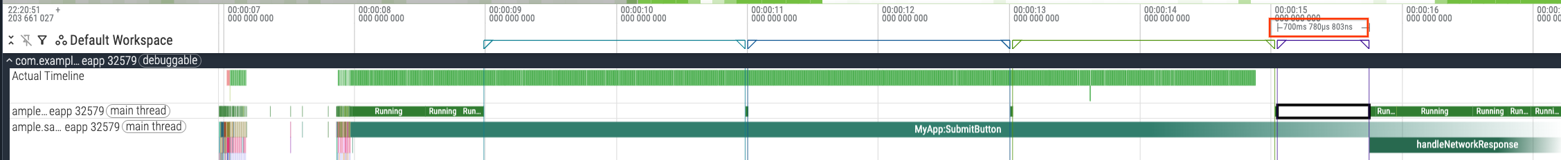 Perfetto 界面，显示了 MyAppSubmitButton 轨迹切片中的第四个休眠间隔。