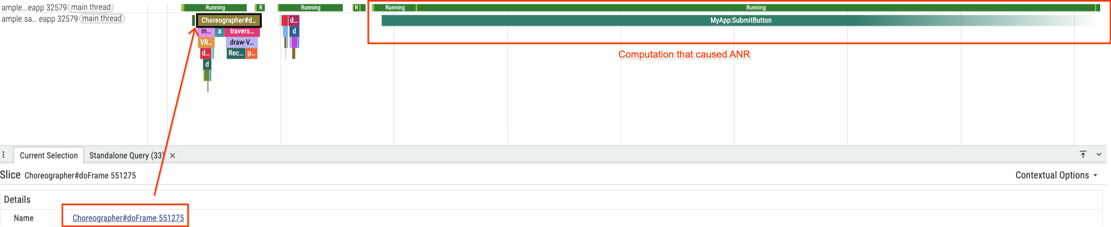 Perfetto UI 顯示 ANR 發生前，UI 執行緒轉譯的最後一個影格。