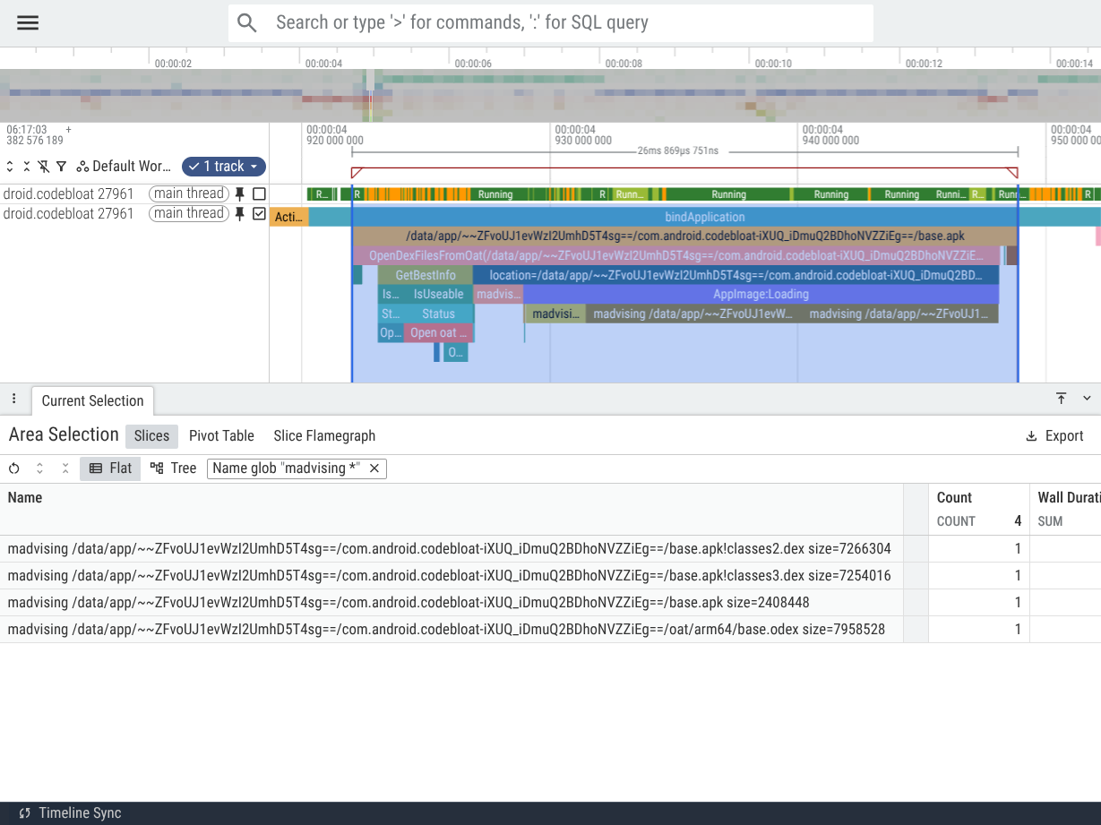 A screenshot of the Perfetto UI showing the com.android.codebloat process with
the madvising slices for the primary and secondary DEX
files