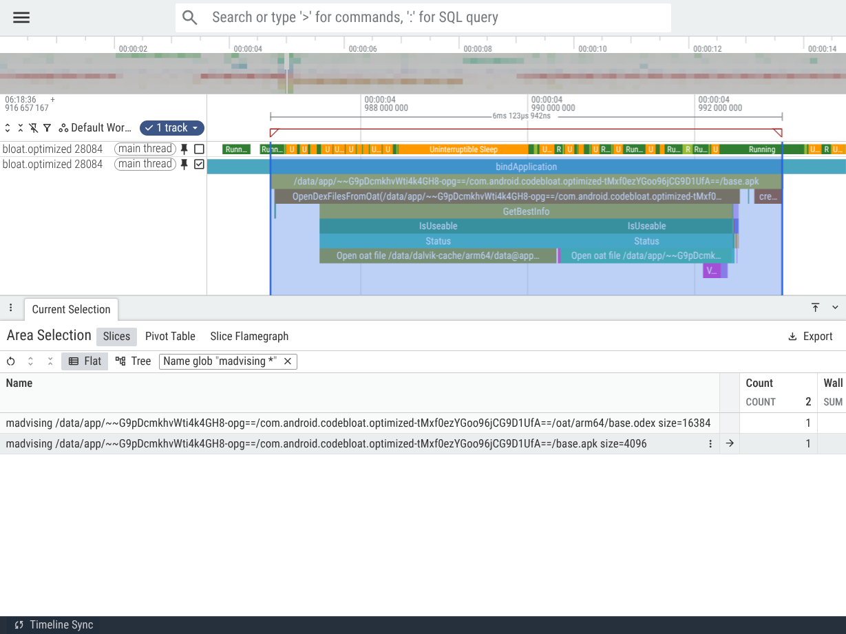 A screenshot of the Perfetto UI showing the com.android.codebloat.optimized
process with a single, tiny madvising
slice