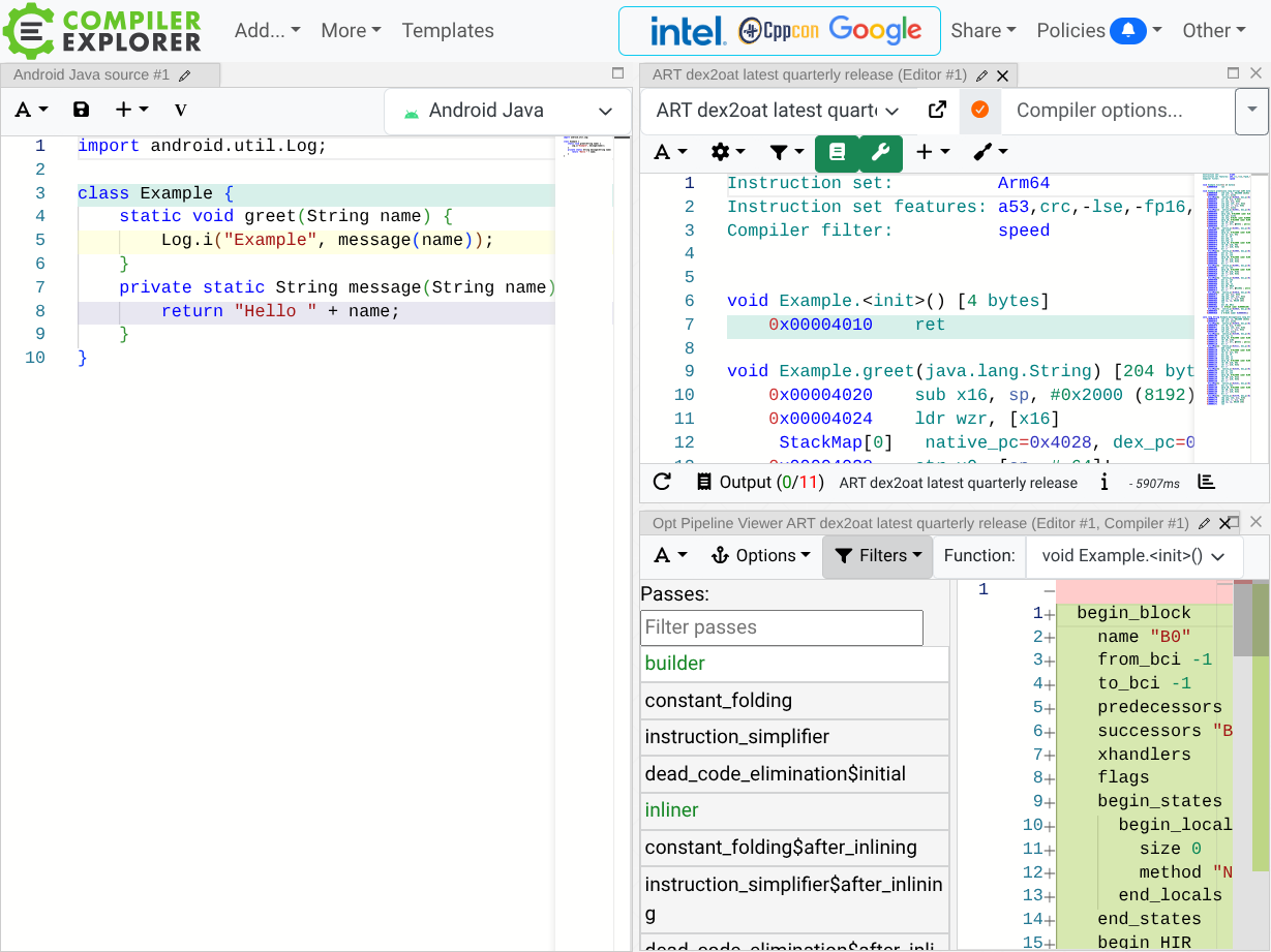 Скриншот пользовательского интерфейса Compiler Explorer, демонстрирующий пример программы и ее конвейер дизассемблирования и оптимизации, выводимый программой dex2oat, с этапом встраивания. показан