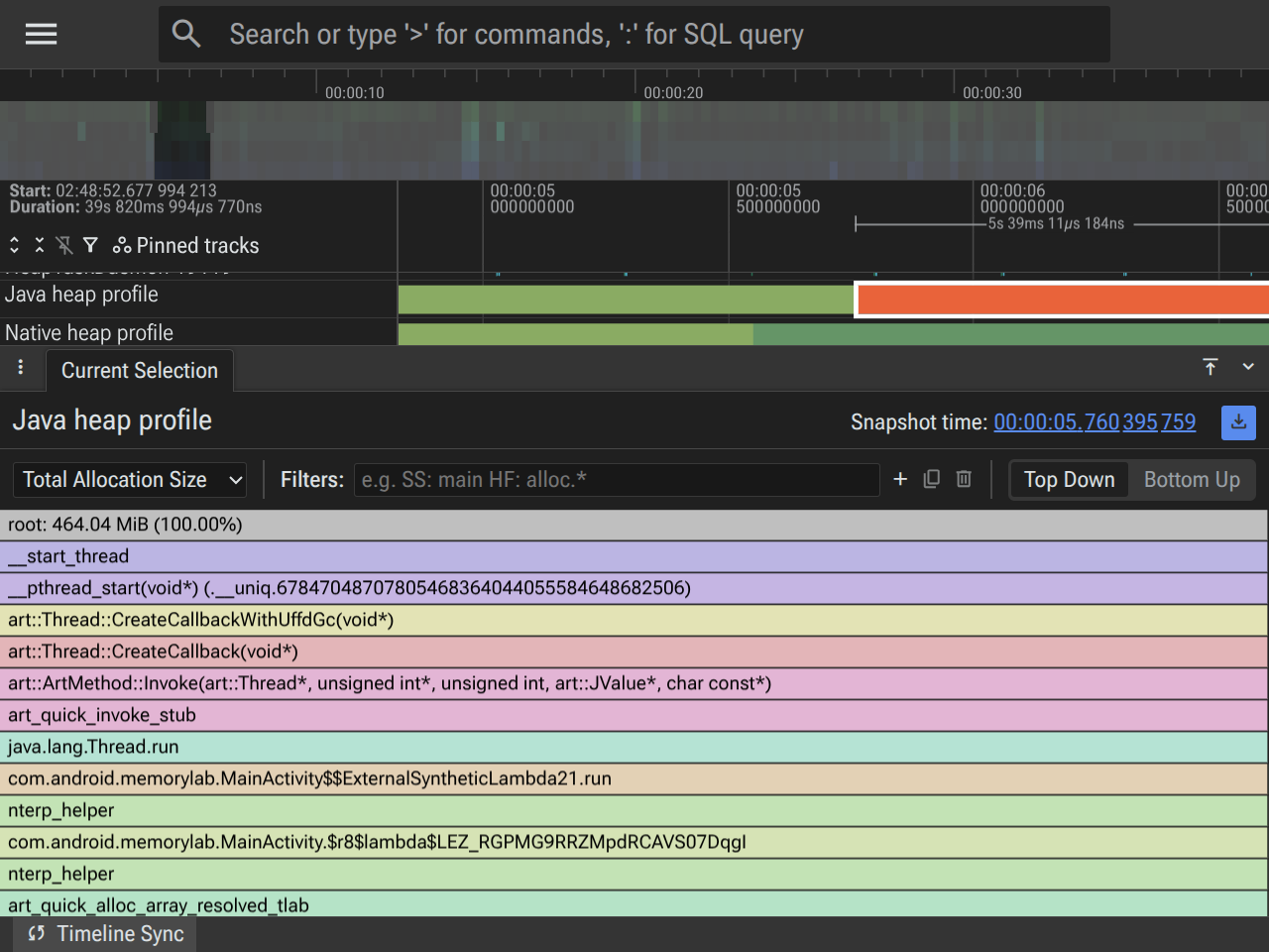 Perfetto UI showing Phase 2 Java allocations