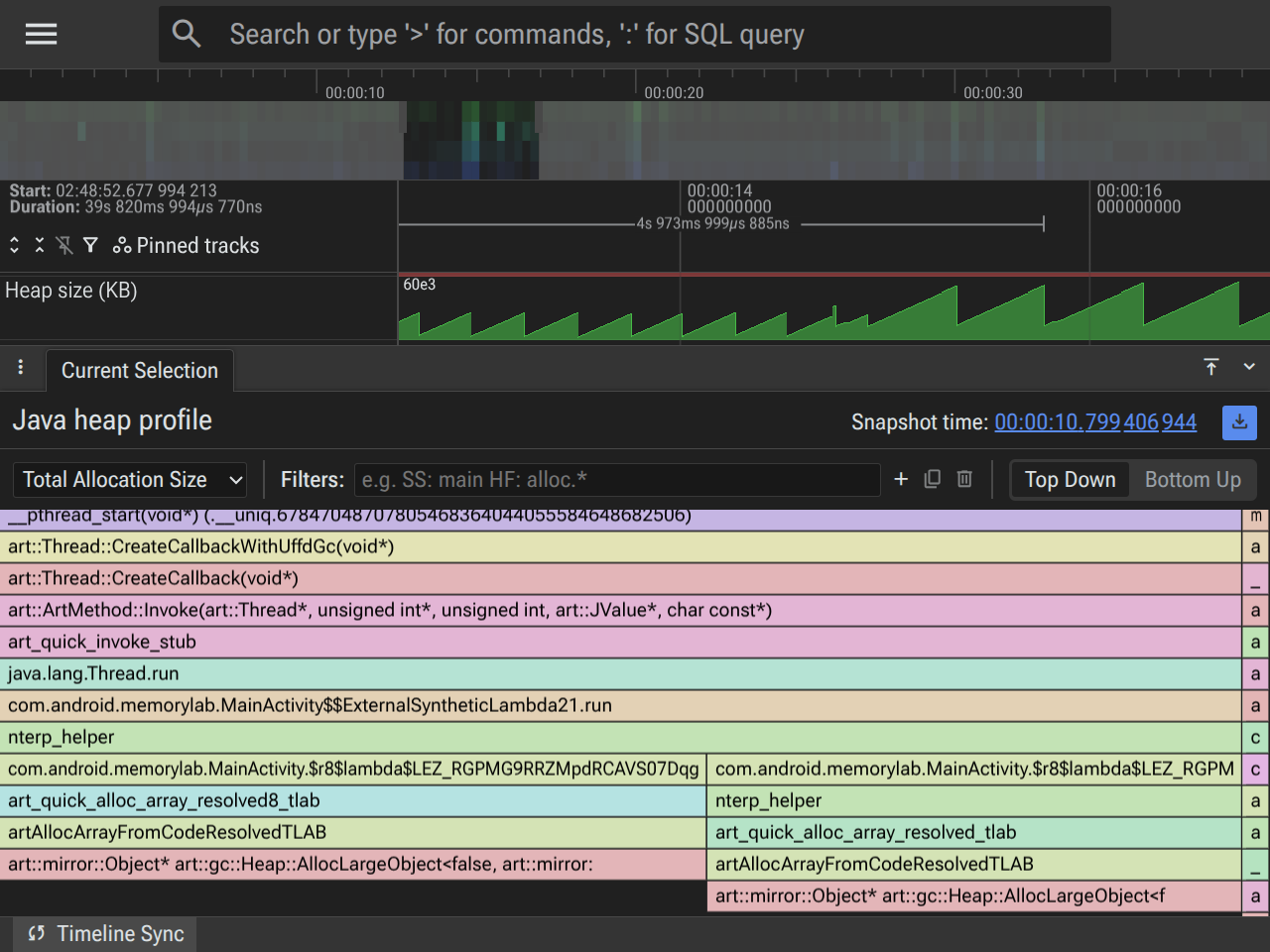 Perfetto UI showing Phase 3 Java allocations