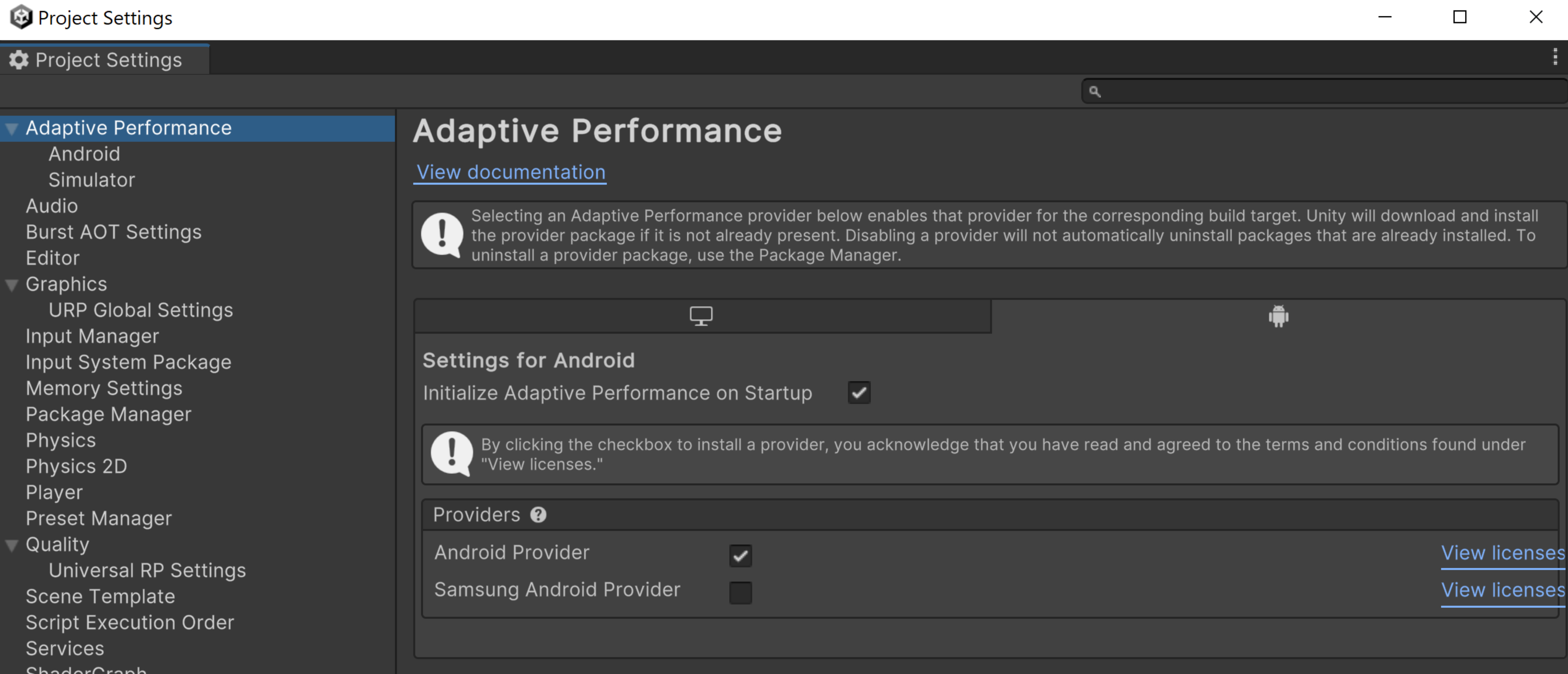 Project settings dialog.