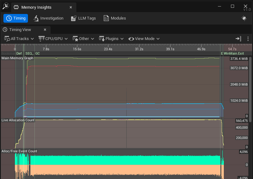 Memory Insights tracker showing main memory graph, live allocation count, and alloc/free event count.