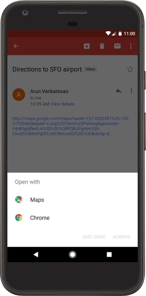 The Android system disambiguation dialog showing app options for a link.