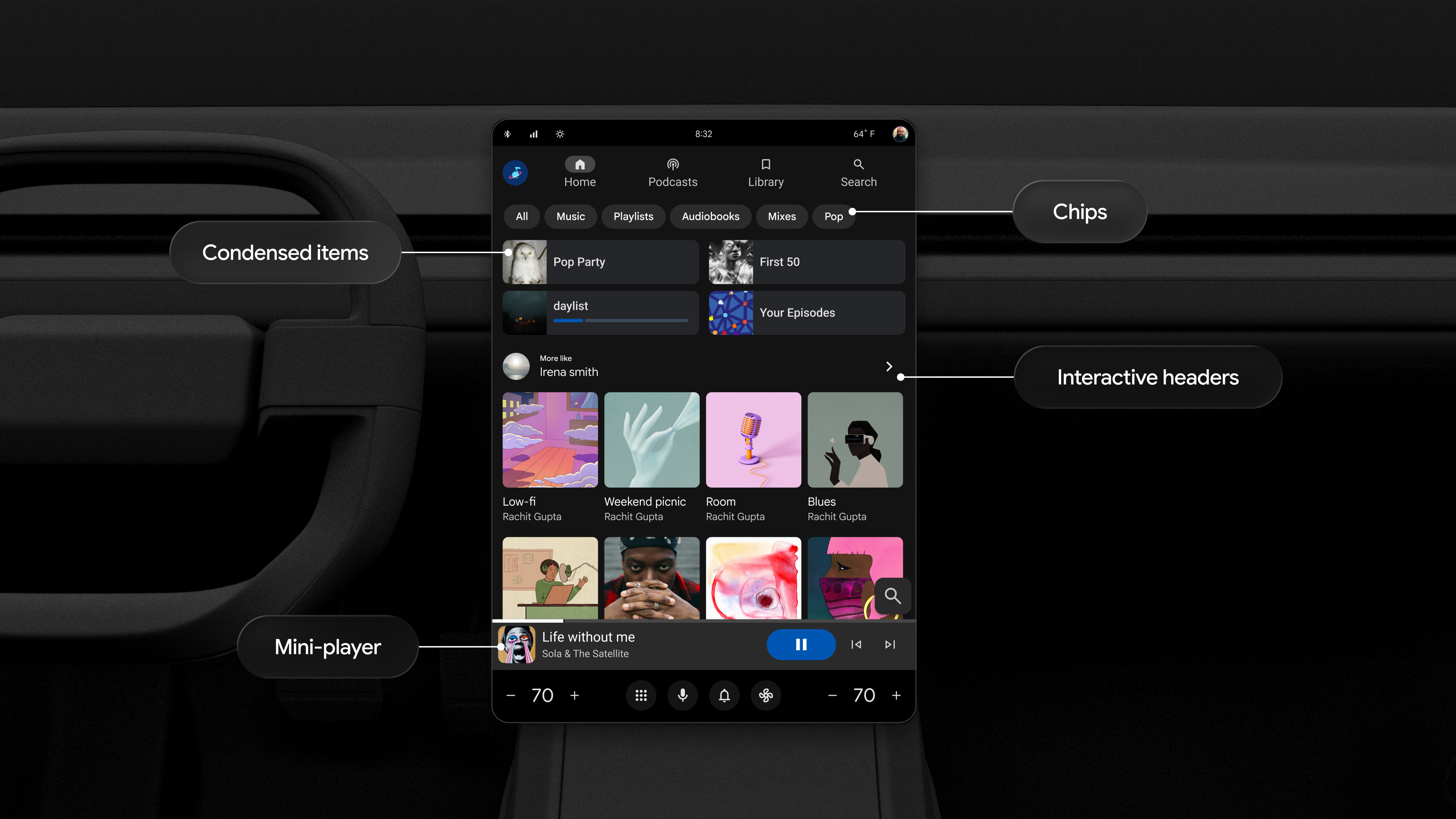 A music app interface displays recently played songs and albums,
     including two vertical rows and three horizontal album art portraits.