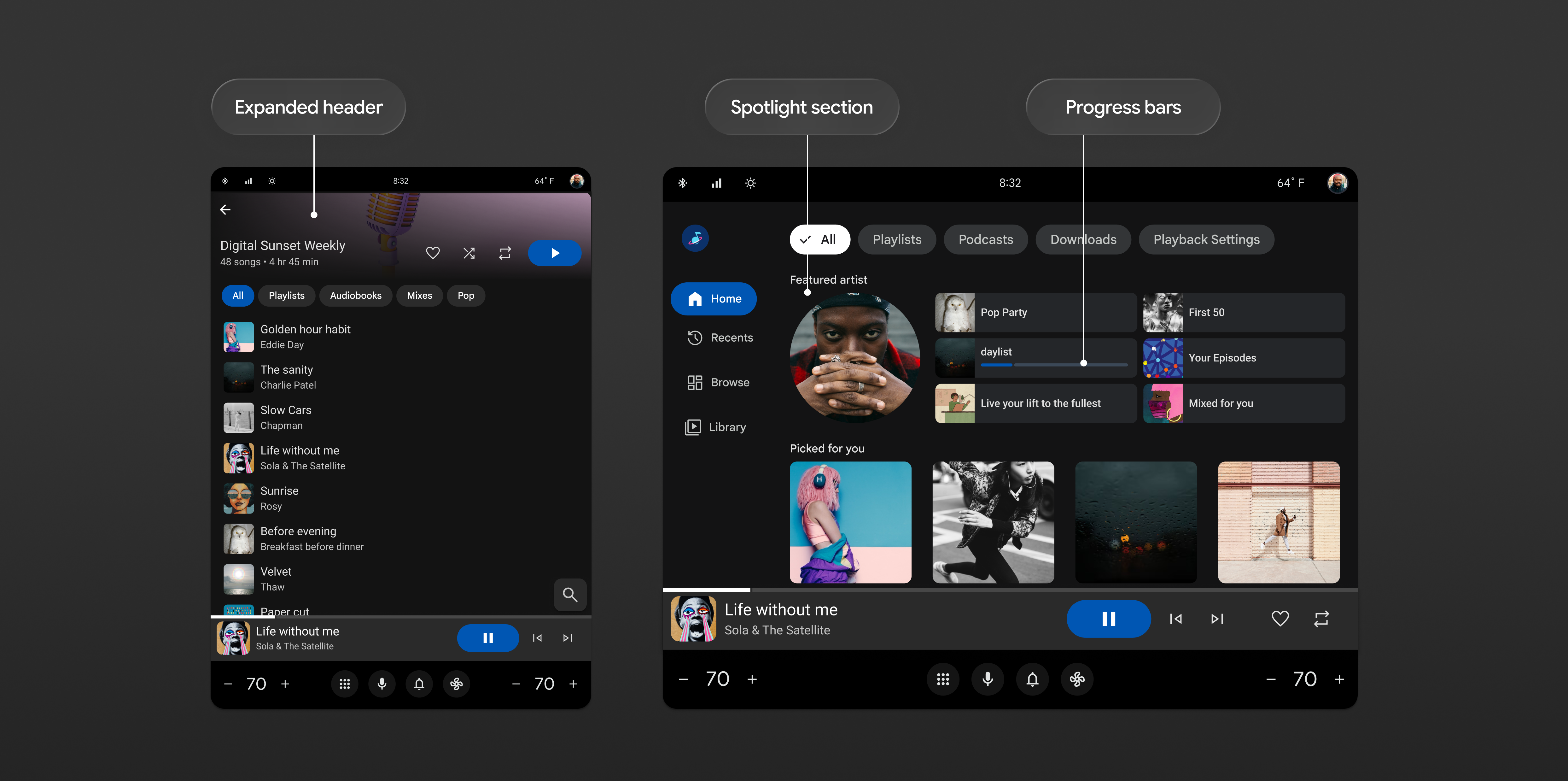 A music app interface displays recently played songs and albums,
     including two vertical rows and three horizontal album art portraits.
