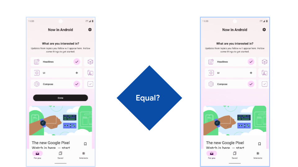 Um teste de captura de tela compara duas imagens, uma nova e outra de referência.