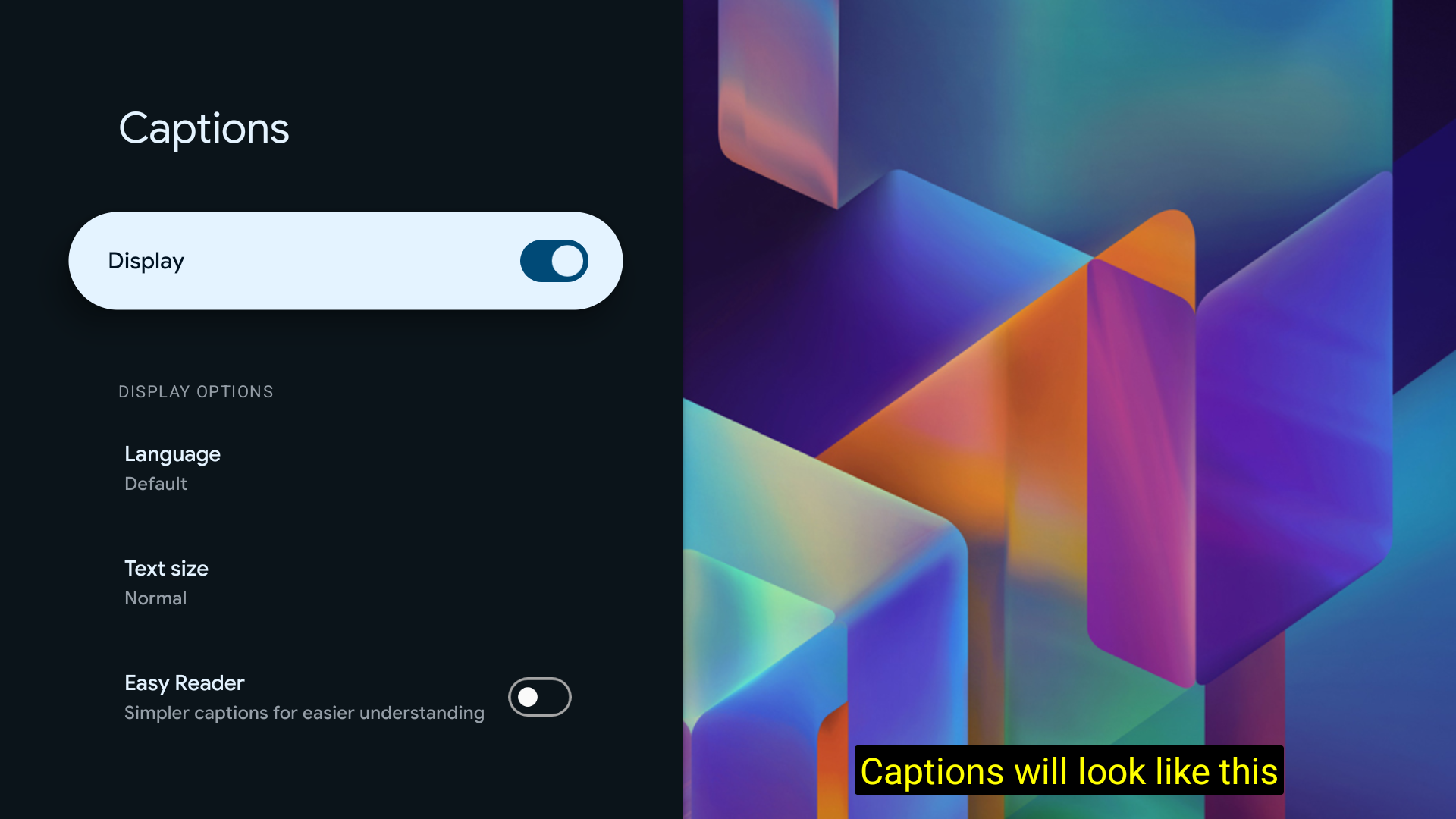 The captions settings menu on Android TV.