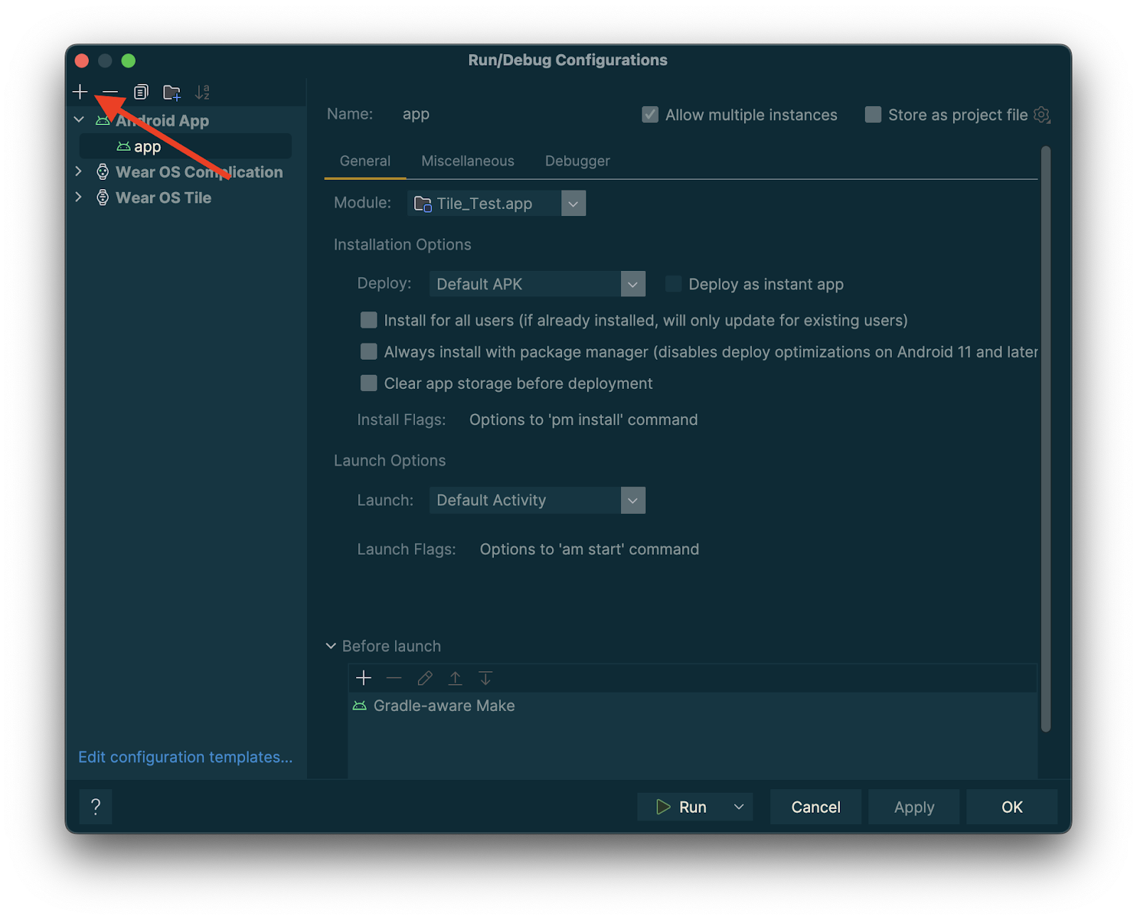 Screenshot with red arrow pointing to "+".