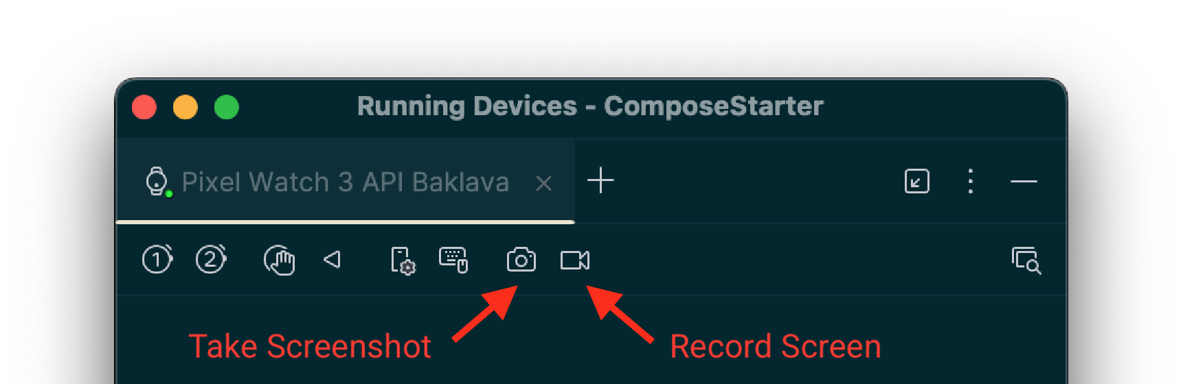 Окно «Запущенные устройства» в Android Studio со стрелками, указывающими на кнопки снимка экрана и записи экрана .