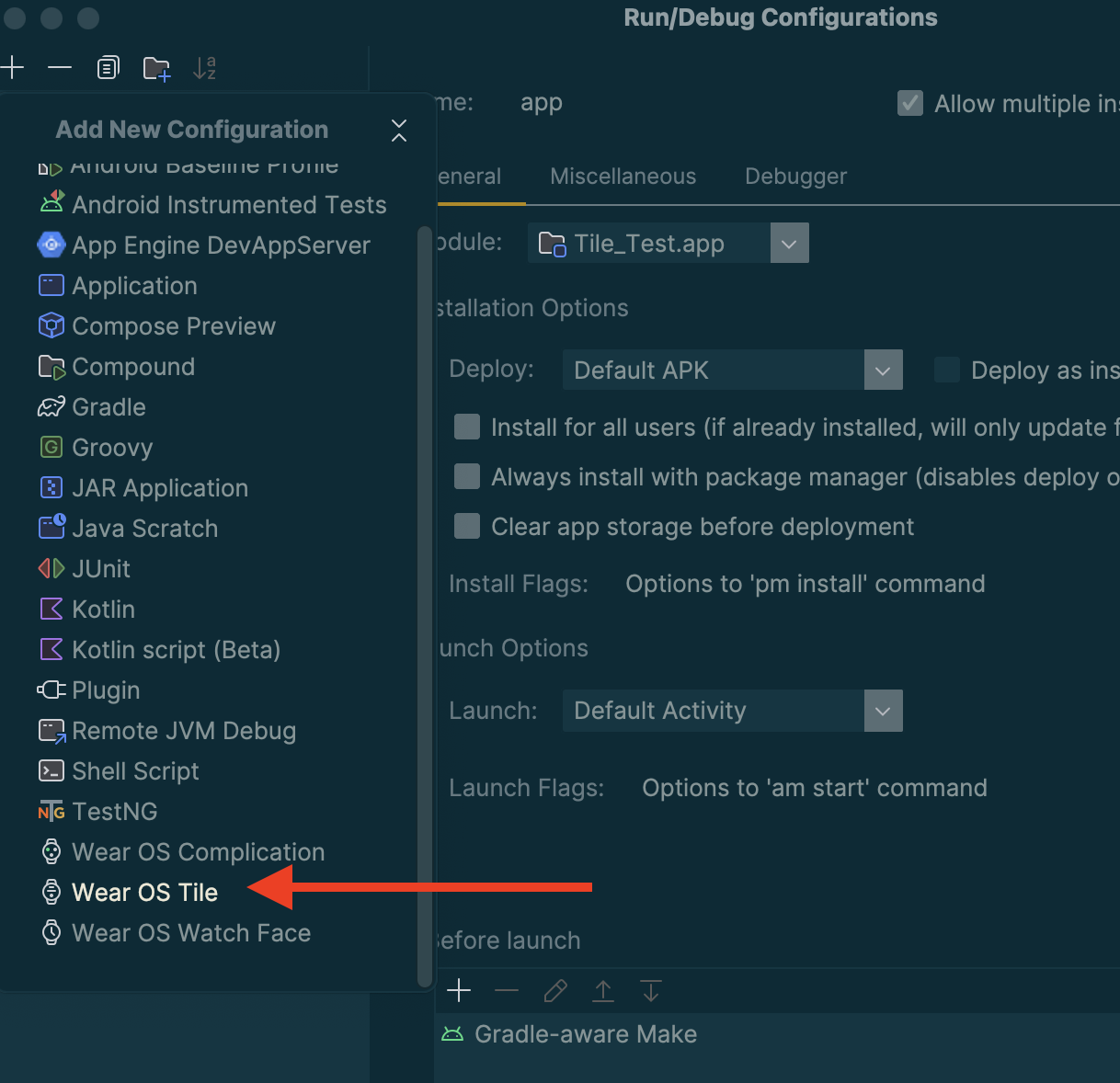 Screenshot dengan panah merah yang mengarah ke opsi konfigurasi &quot;Wear OS Tile&quot;.