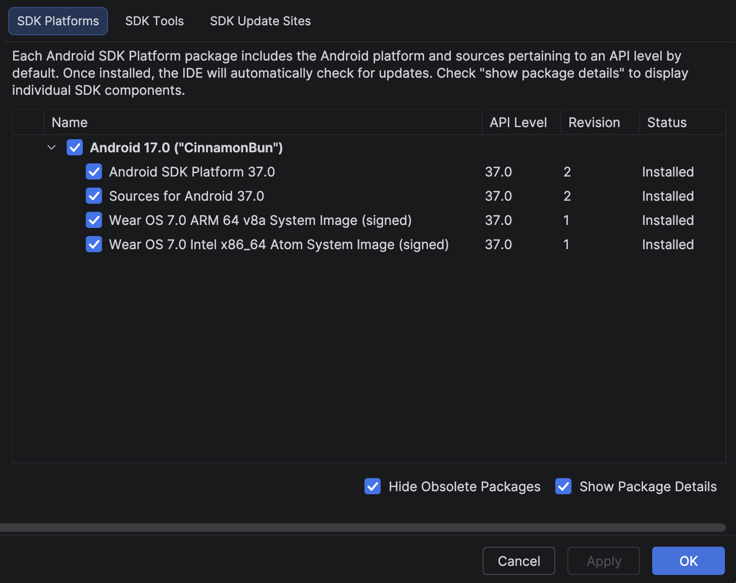 В Android Studio показан выбор образа системы Wear OS 7.