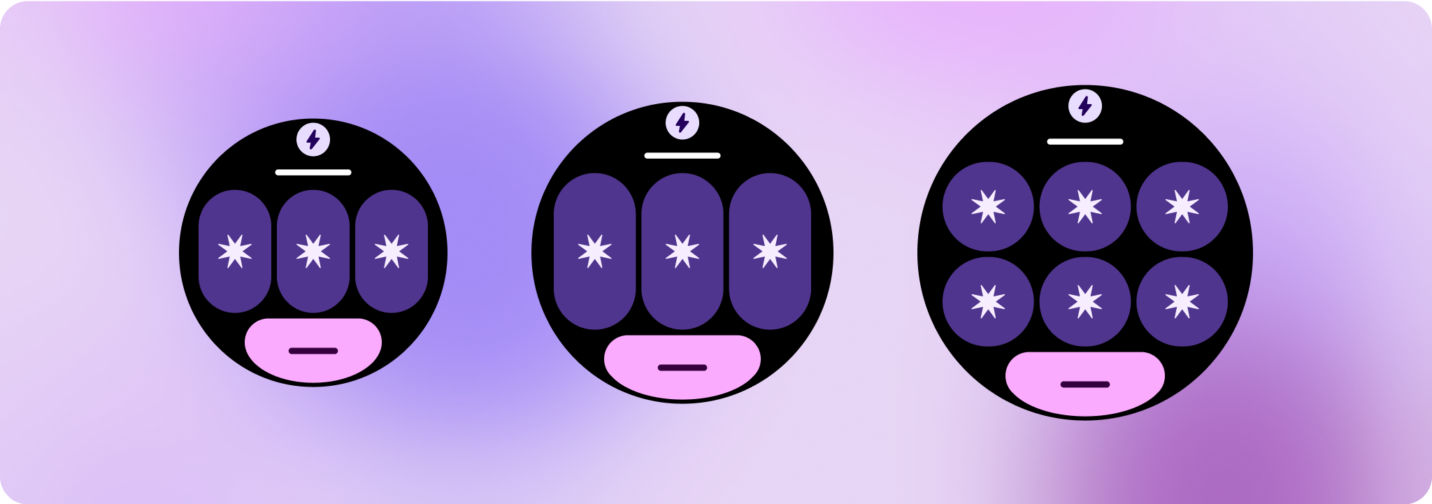 三个功能块,其中两个显示 1 行 3 列的主要内容,另一个显示 2 行 3 列的主要内容