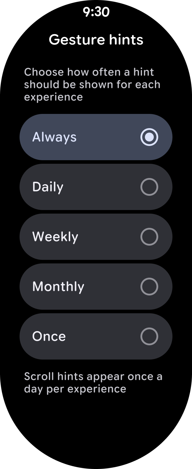 Gesture hints setting screen on Pixel Watch