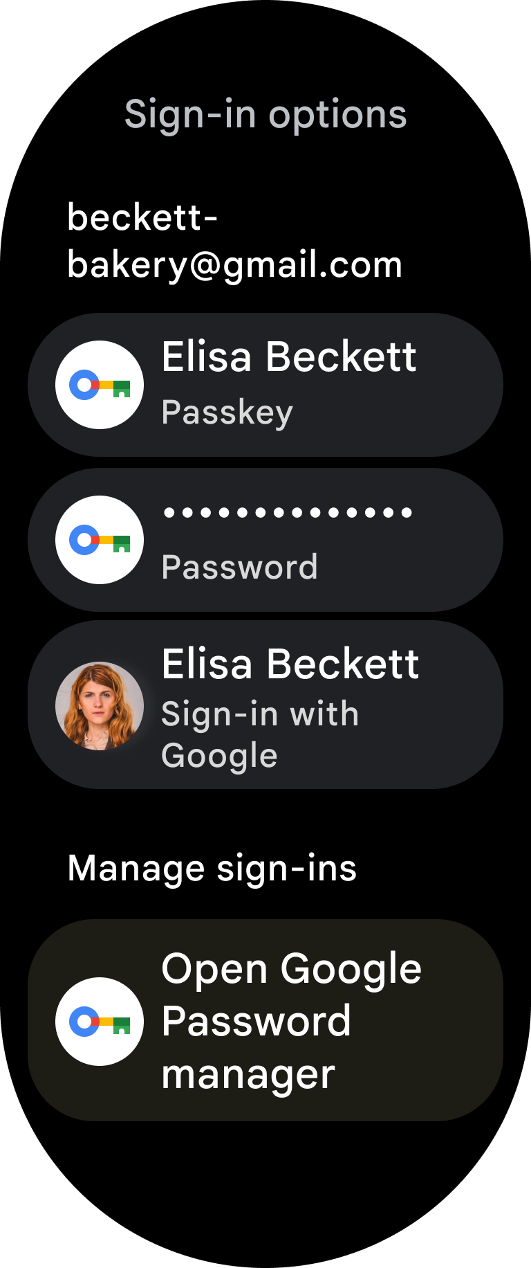 El usuario puede autenticarse con llaves de acceso, contraseñas y Acceder con Google.