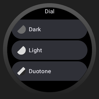 Setiap tema warna muncul sebagai item dalam daftar. Nama elemen
    muncul di judul layar