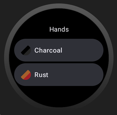 Setiap tema warna muncul sebagai item dalam daftar. Nama elemen
    muncul di judul layar