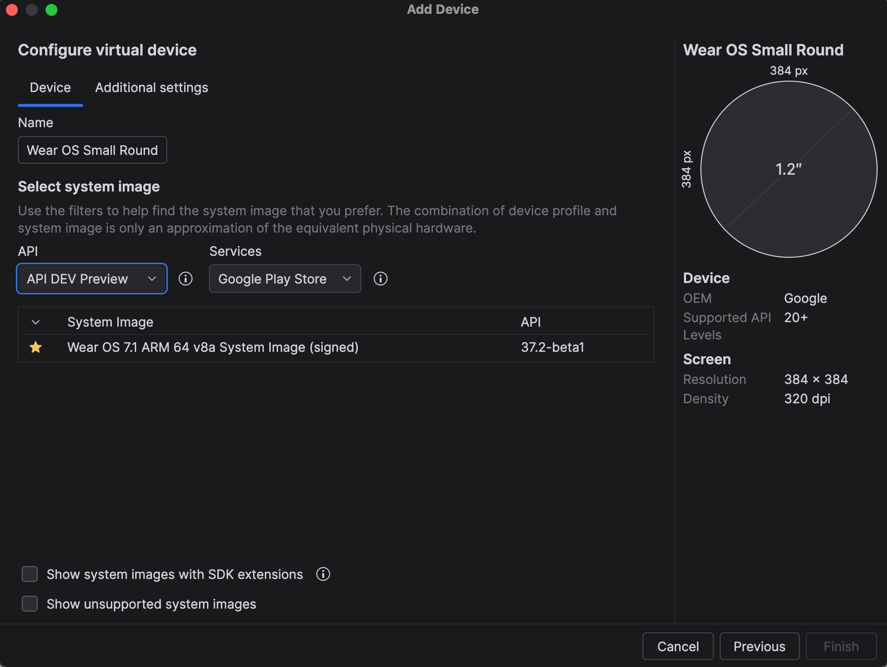 Gerätekonfiguration des virtuellen Geräts in Android Studio, bei der das ausgewählte Element als Wear OS 7.1 API 37.2-beta1-Systemimage angezeigt wird