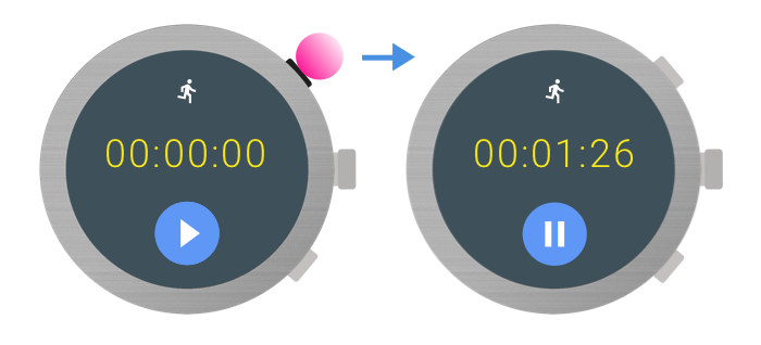Un reloj con varios botones laterales. El sistema designa uno de los botones como botón multifunción.