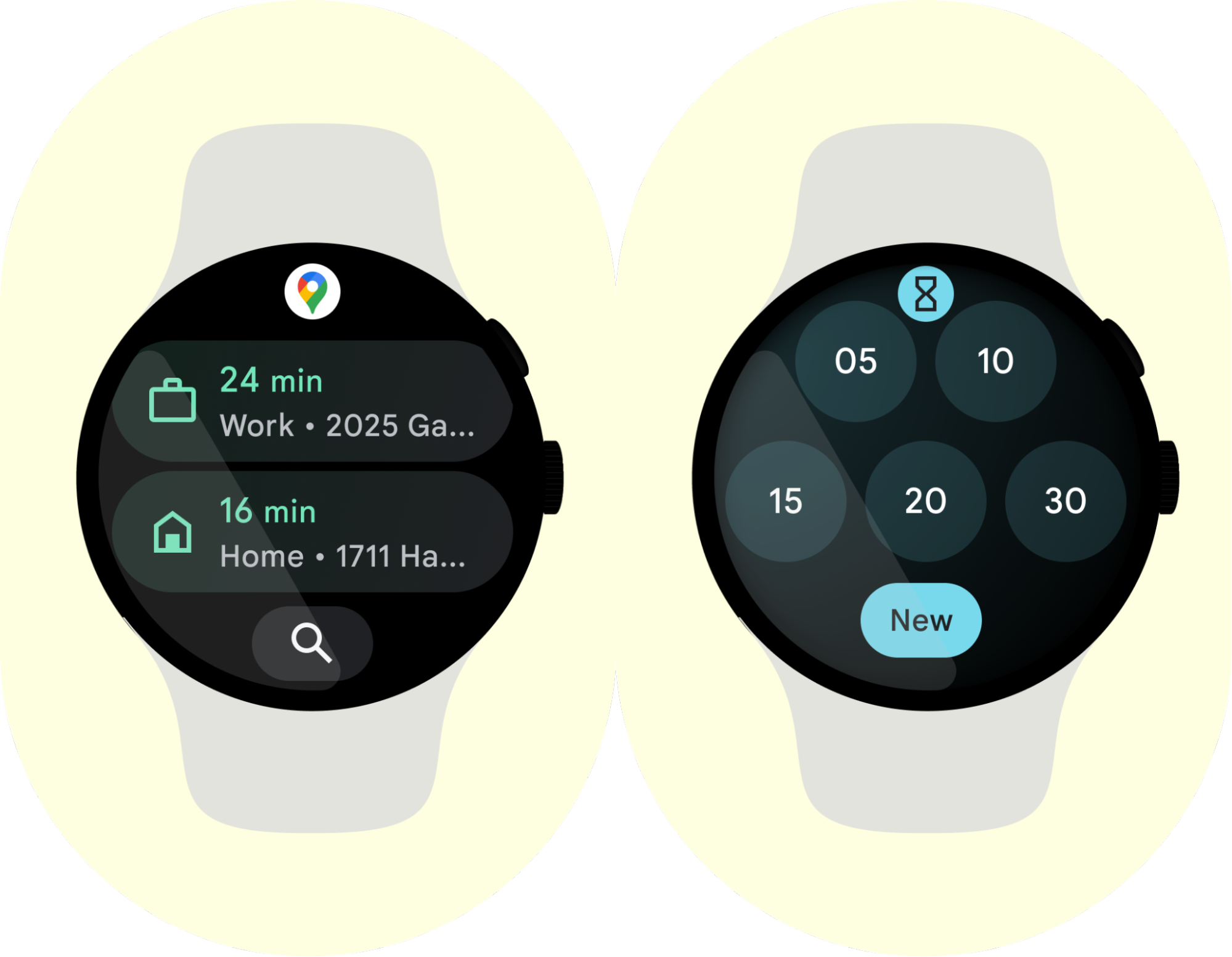 Una app de mapas y una app de temporizador que se ejecutan en Wear OS.
