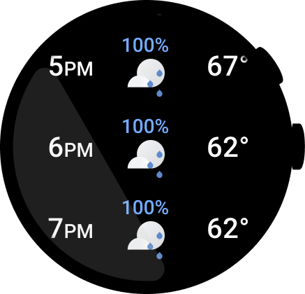 Wear OS watch face showing a full weather app.