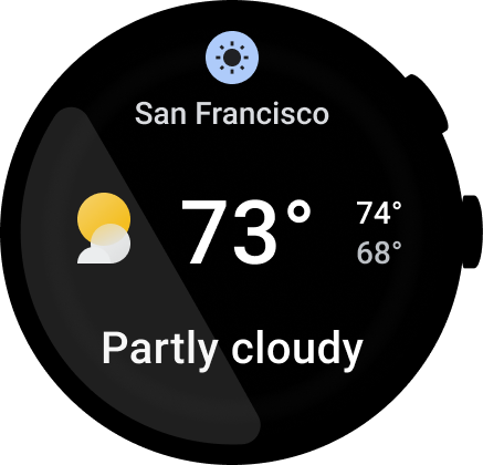 Wear OS watch face showing a weather tile.