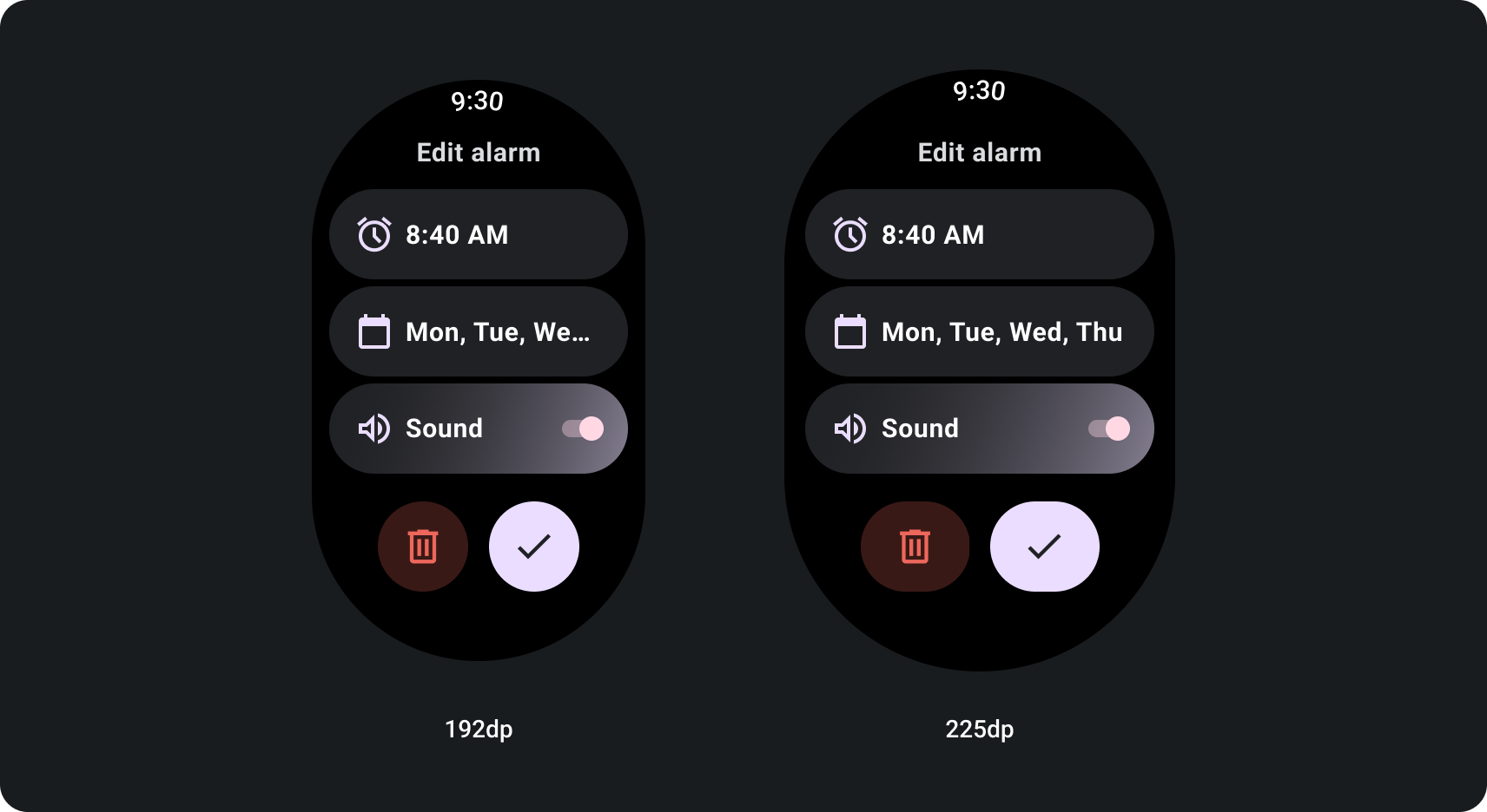 Buttons are wider, and more text fits on list items, in the layout for larger screen sizes