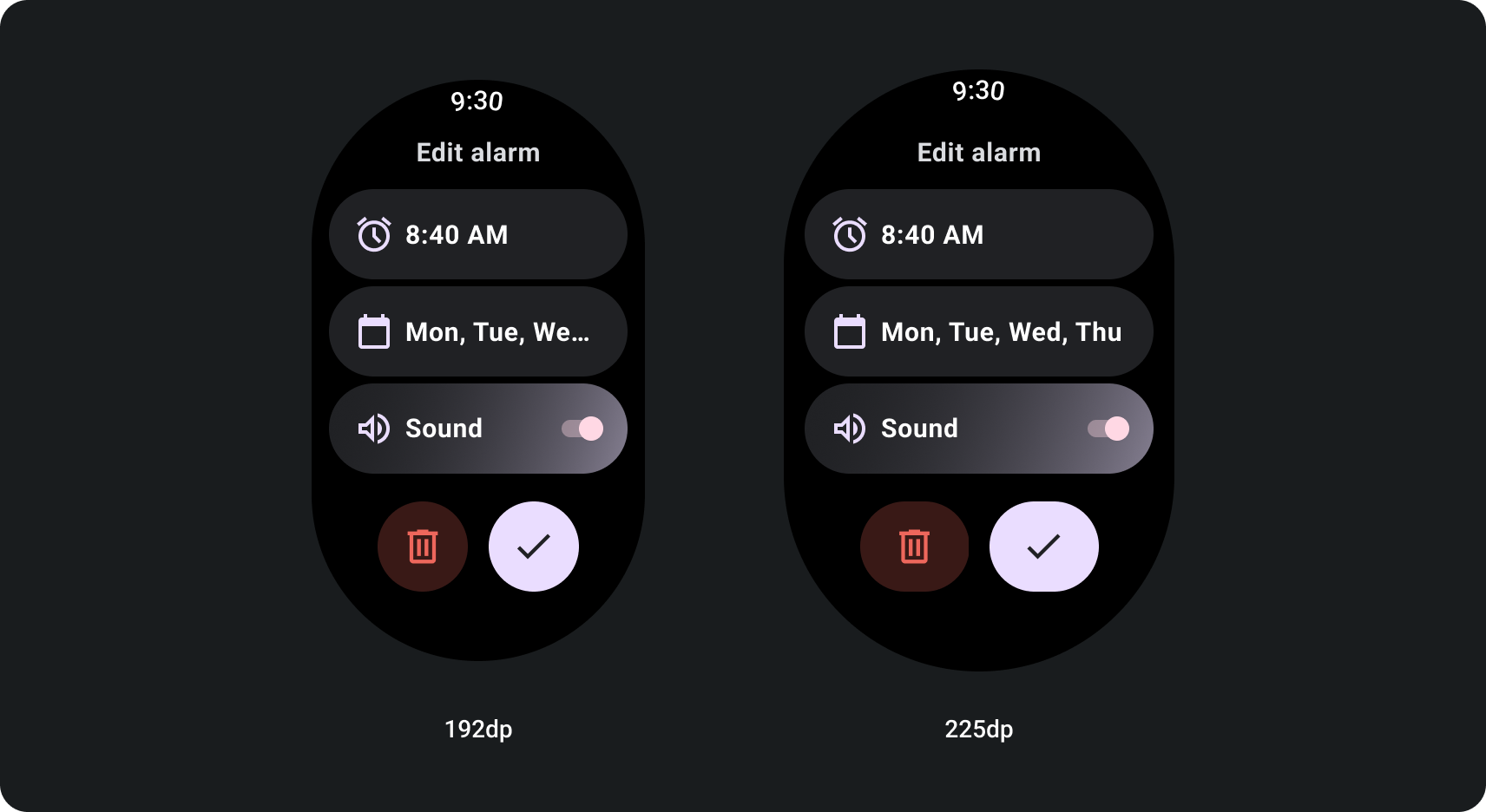 Die Schaltflächen sind breiter und mehr Text passt auf Listenelemente. Das Layout ist für größere Bildschirme geeignet.