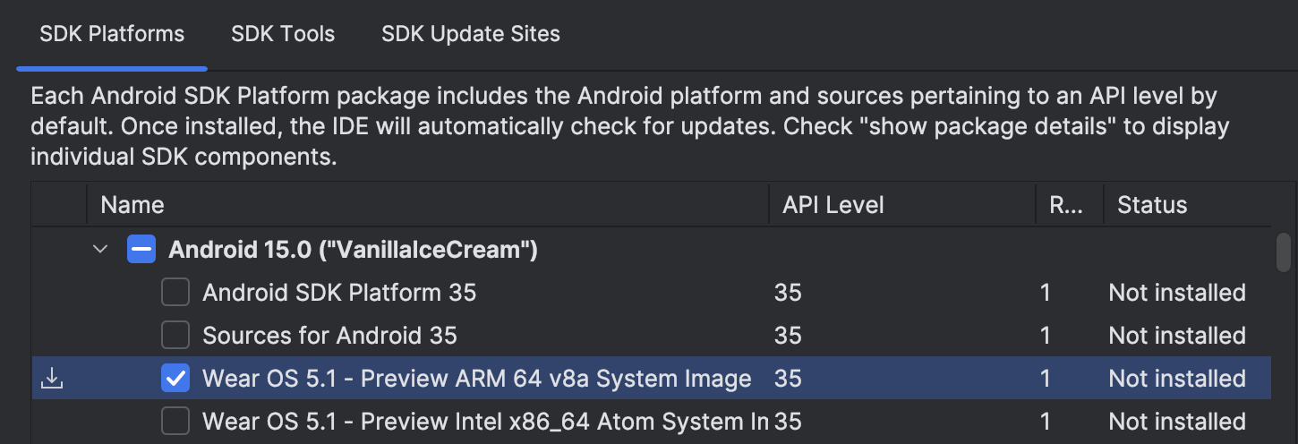 "The emulator build images appear within the group of build images for
Android API 35"