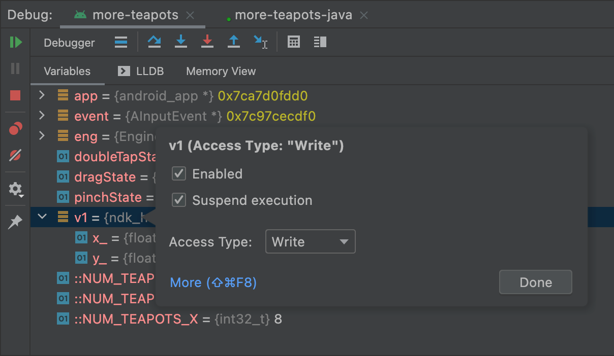 android studio debug variables