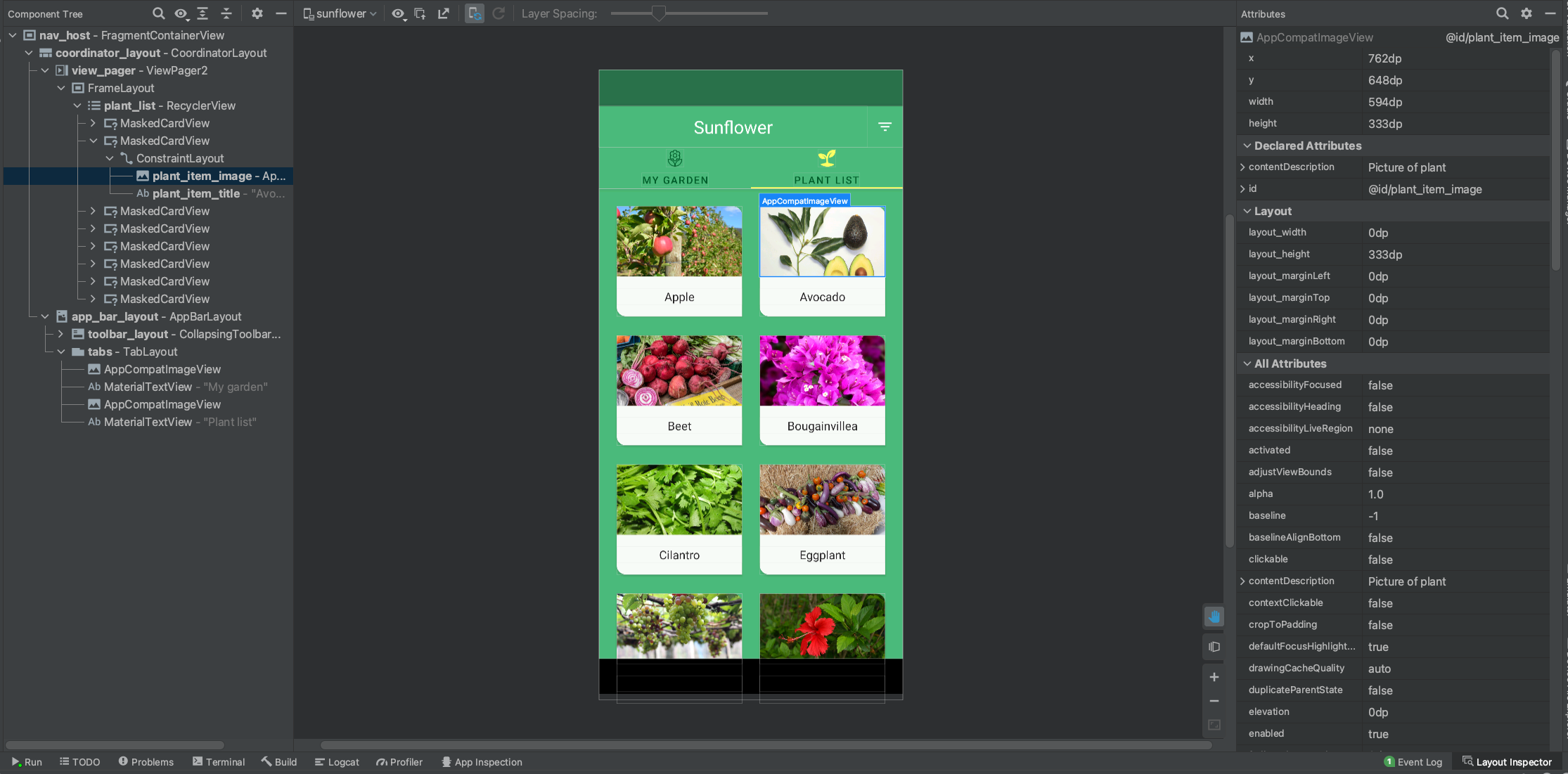 Snapshot do Layout Inspector para o app de exemplo Sunflower