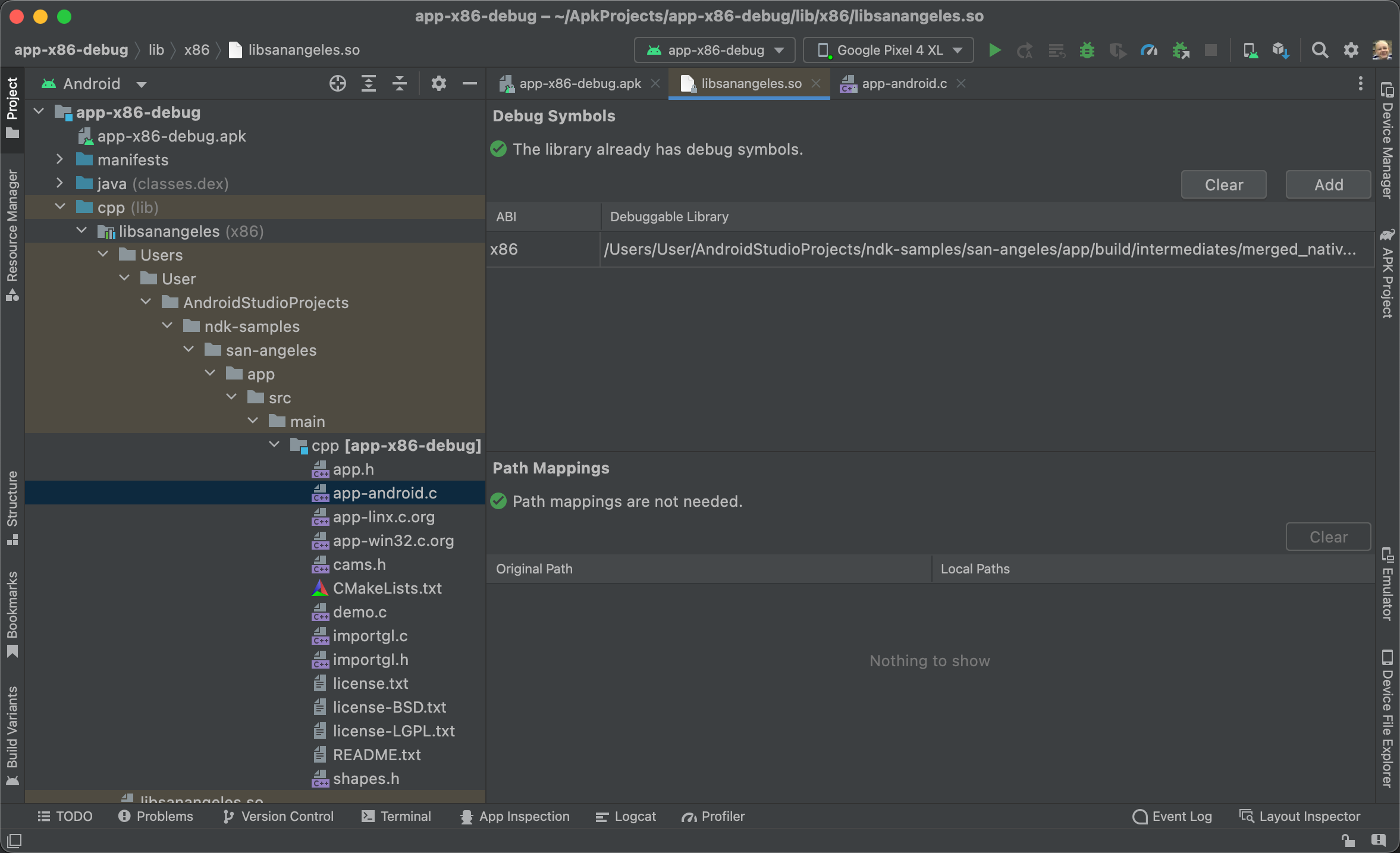 Providing paths to local debug symbols.