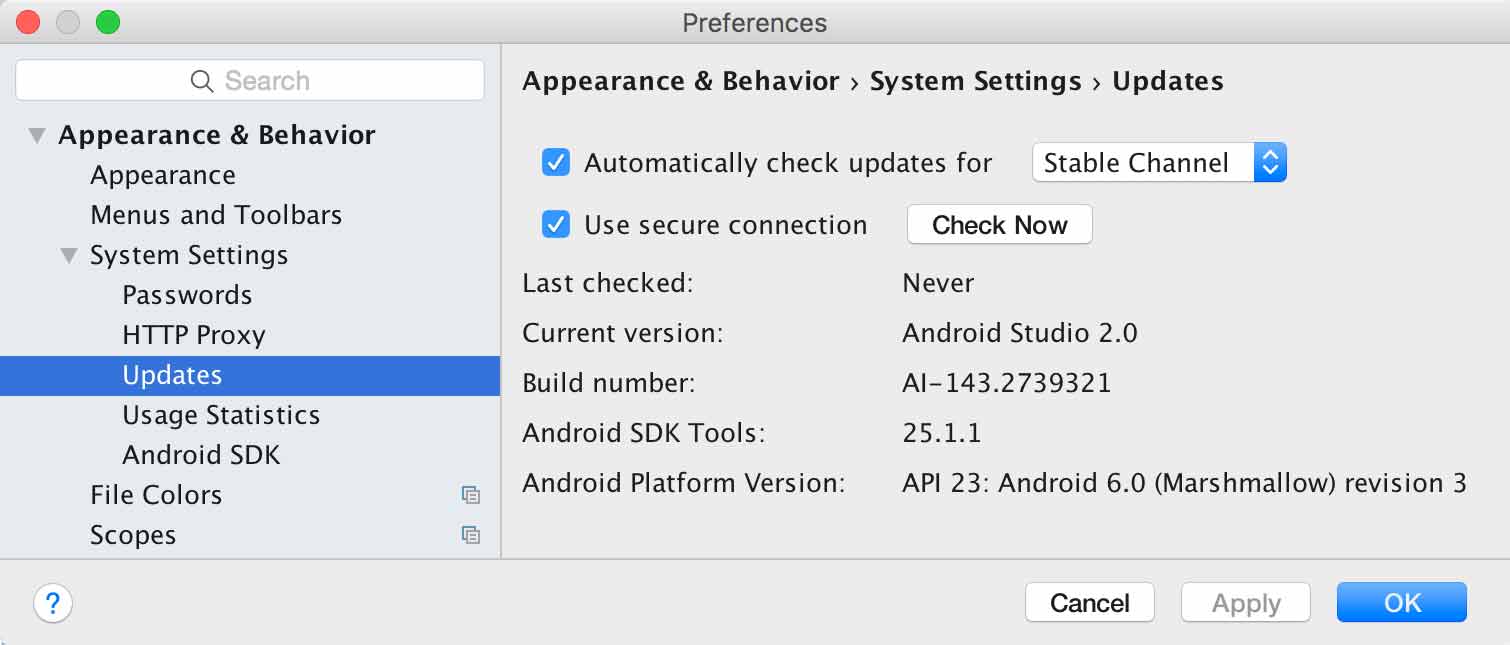 Figure 1. The Android Studio Updatespreferences.