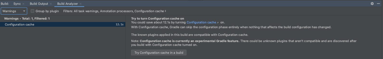 Informasi cache konfigurasi di Build Analyzer