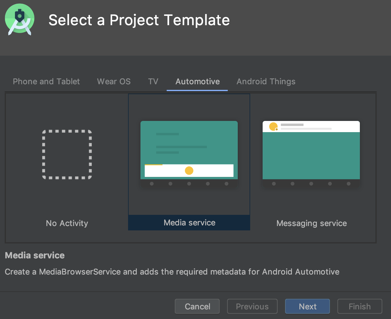 Selecting an Android Automotive project template.