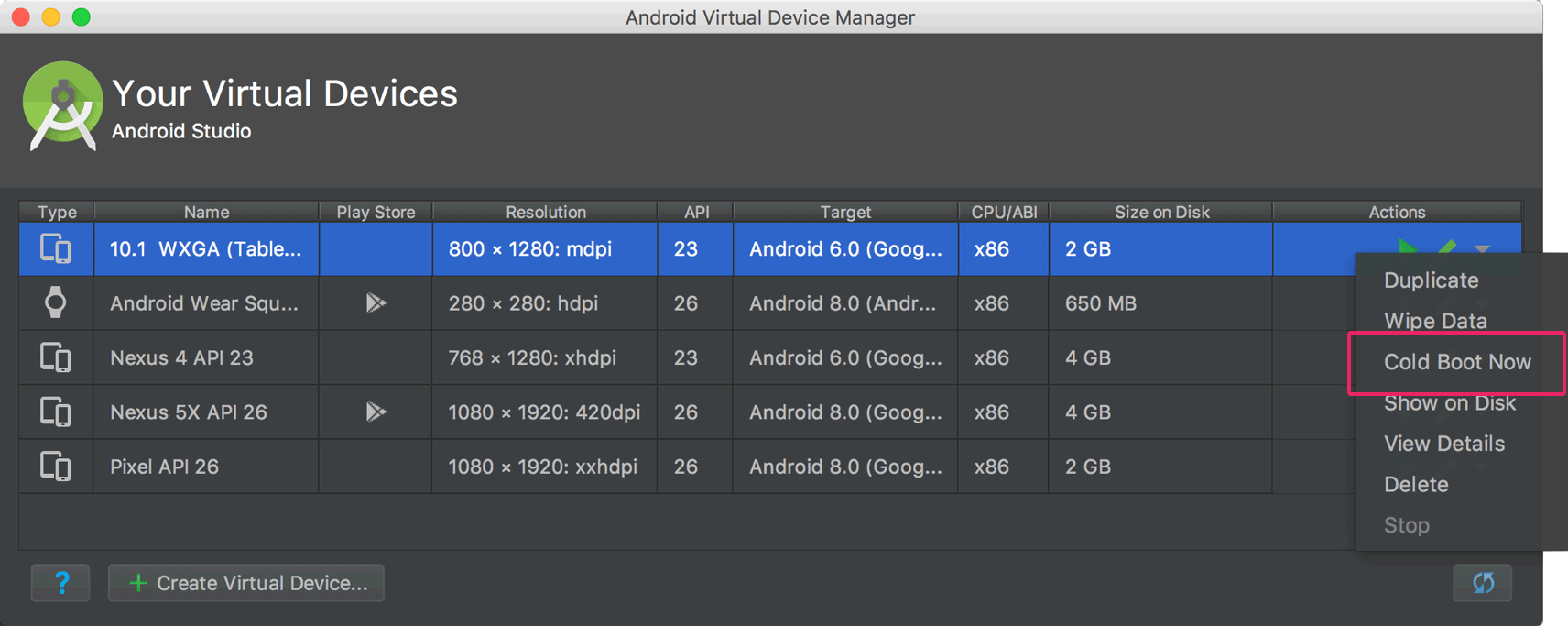 open avd emulator on mac