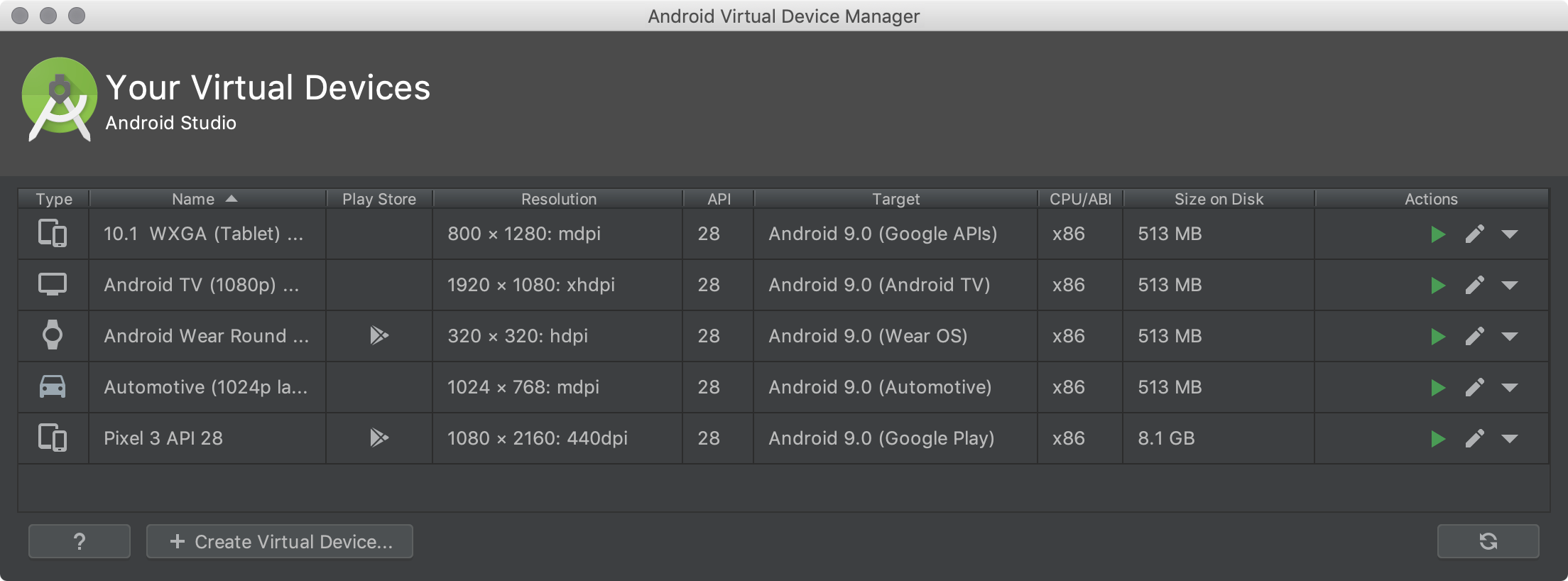 avd manager play store