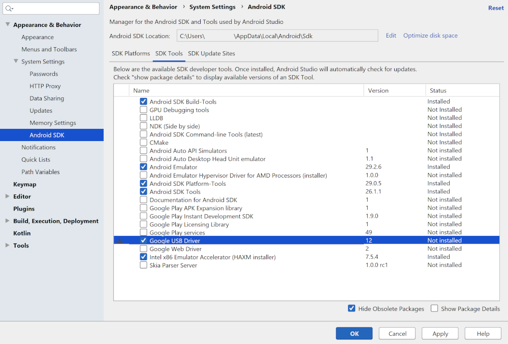 SDK Manager
    with the Google USB Driver selected
