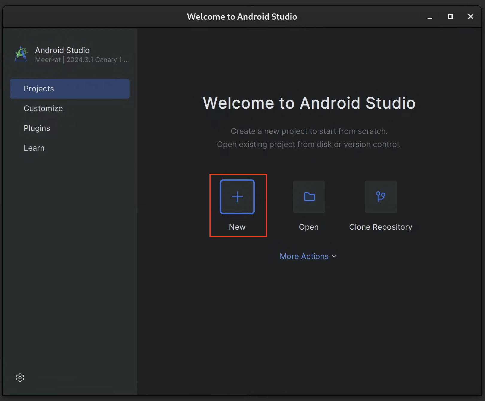 ASfP Welcome Screen showing New Project
option