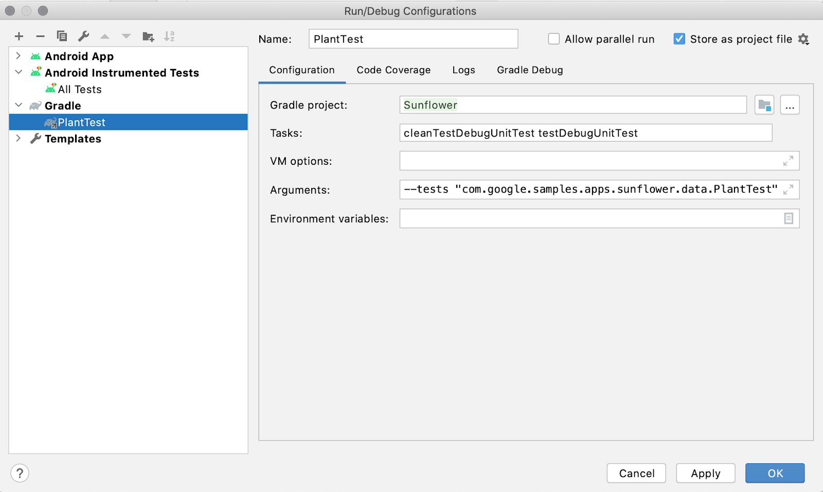 Edit test configurations in Android Studio