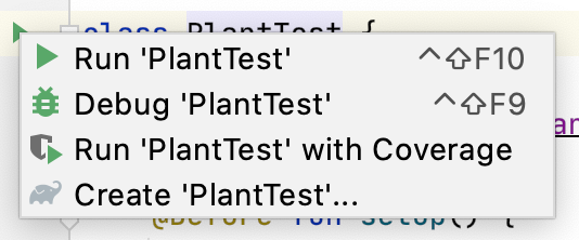 Context menu for running tests