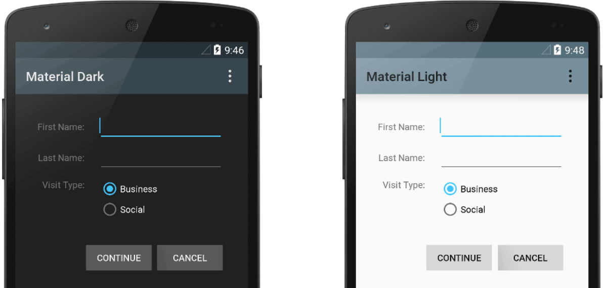 Two themes applied to the same activity: Theme.AppCompat (left) and Theme.AppCompat.Light (right)